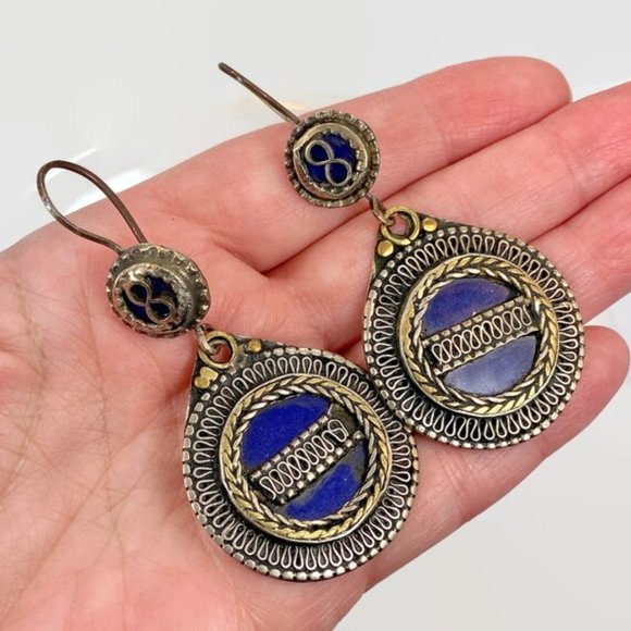 Blue Earrings, Boho, Afghan, Enameled, Big, 3" Long, Vintage, Cobalt Blue - Picture 2 of 3